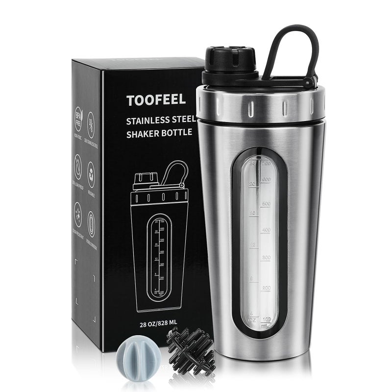 TOOFEEL Shaker Bottles for Protein Mixes 28 oz Stainless Steel Protein Shaker with 2 Mixing Ball Not Stays ColdHot Visible Window Metal Shaker Cups Leakproof BPA Free Bottle Shaker